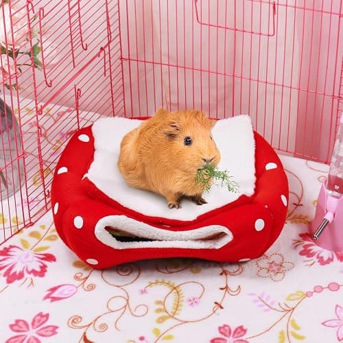Guinea Pig Bed Rabbit Hideout Warm Fleece Cuddle Cup Washable Winter Sleeping House for Small Pet/Ferret/Chinchilla/Bunny (Strawberry Style) thumbnail 2