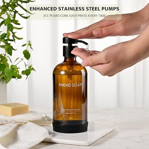 Janxin Glass Kitchen Soap Dispenser Set with Ceramic Tray,16.9 floz Hand and Dish Soap Dispenser for Kitchen and Bathroom Decor (Amber Bottles + Black Pumps) thumbnail 2