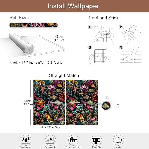 LaiTique Fish Peel and Stick Wallpaper Ocean Coral Reef Wallpaper Self Adhesive Vinyl Wall Paper for DIY Home Decor 17.7in x 118in thumbnail 3
