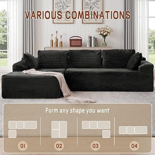 Korser 108" L-Shaped Modular Sectional Sofa with Chaise, Boneless Comfy Corduroy Fluffy Couch with Deep Seat and Side Pockets, Flexible Module Combination for Living Room, No Assembly, Side Pockets thumbnail 3