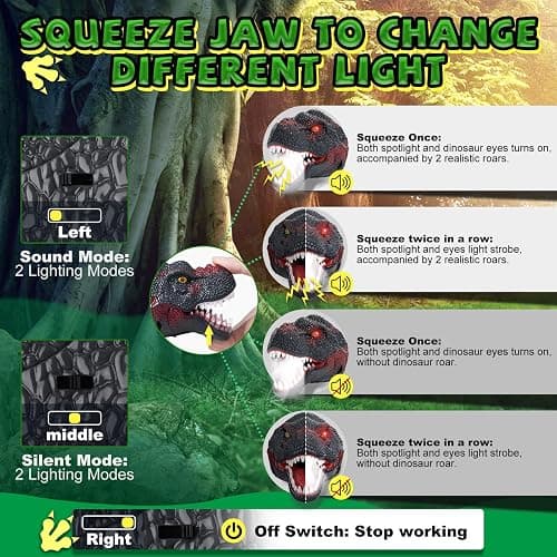 Nitigo Dinosaur Headlamp for Kids Flashlight Rechargeable Led Headlights Roar & Silent Mode, T-Rex Dinosaur Toys for Kids 3-5 4-6 5-7 6-8, Camping Gear, Easter Gifts for Boys Girls Adults thumbnail 6