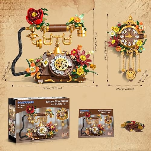 PLAXSOON Flowers Retro Telephone Clock Building Set, 2 in 1 Collectible Vintage Phone Model Building Block Kit with Realistic Design, 882 PCS Home Office Decor, Gift for Adults Teens Girls Boys 12+ thumbnail 3