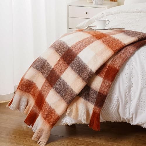BATTILO Rust Plaid Throw Blanket for Couch Bed, Soft Mohair Tartan Plaid Blanket, Farmhouse Style Checkered Pattern, Fall Throw Blankets for Home Decor(50"x60") thumbnail 9