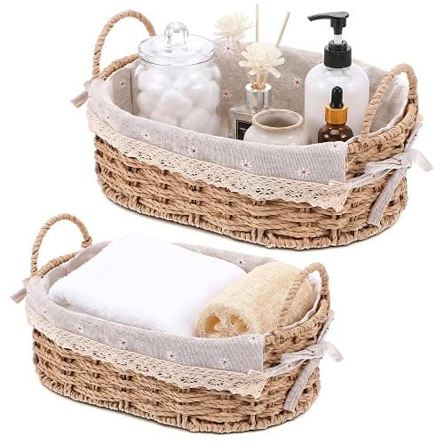 2Pcs Small Wicker Storage Baskets with Handles & Liners for Organizing | Hand-Woven Cute decorative Basket for Home Shelves Organizing, Storage and Deco - Image 1