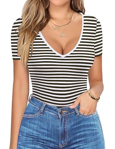HOTOUCH Women Deep V Neck Tops Slim Fit Summer Short Sleeve T Shirts | Ribbed Knit Stretchy Material, Sexy Low Cut Basic Tee, Going Out Trendy Outfits, Fashion Clothing thumbnail 2