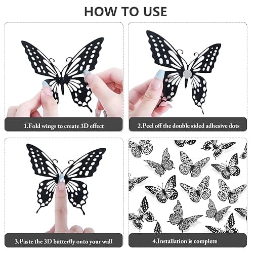 SAOROPEB 3D Butterfly Wall Decor - 48 Pcs, 4 Styles, 3 Sizes - Gold Butterfly Decorations for Birthday and Party Cake Decorations - Removable Stickers (Black) thumbnail 7