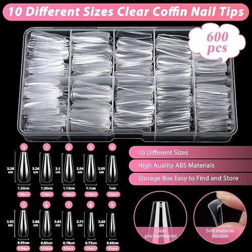 600PCS Clear Coffin Nail Tips Set Qinzave Clear Acrylic Nail Tips with Nail Glue Coffin Nails Full Cover with Nail Display Stand, Cuticle Nail Pusher Remover, Nail Files Buffer thumbnail 2