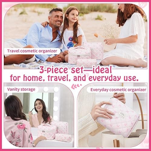 Quilted Makeup Bag, Large Capacity Travel Cosmetic Bag for Women and Girls, Aesthetic Storage for Daily and Travel Use (3PCS-Pink SlimBow) thumbnail 6