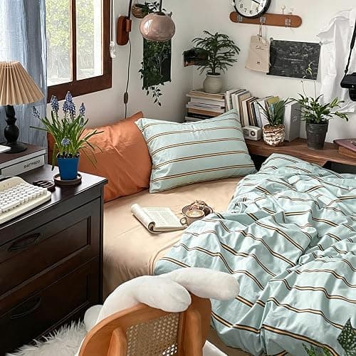 mixinni Retro Mint Blue Striped Duvet Cover Set - 100% Natural Cotton 3-Piece Vintage Stripes Pattern Printed Bedding Set, Soft Breathable Comforter Cover with Zipper Closure & Corner Ties, Full Size thumbnail 2