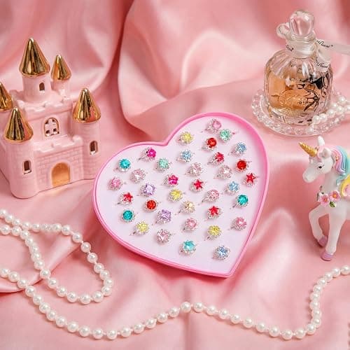 PASEMM 36pcs Little Girl Rhinestone Gem Rings,Adjustable,Random Color Style Diamond Kids Play Rings in Box,Pretend Play and Dress Up Rings for 4-12 Year Old Girl Birthday Gifts, 3 4 5 6 7 8 9 10 11 12 thumbnail 2