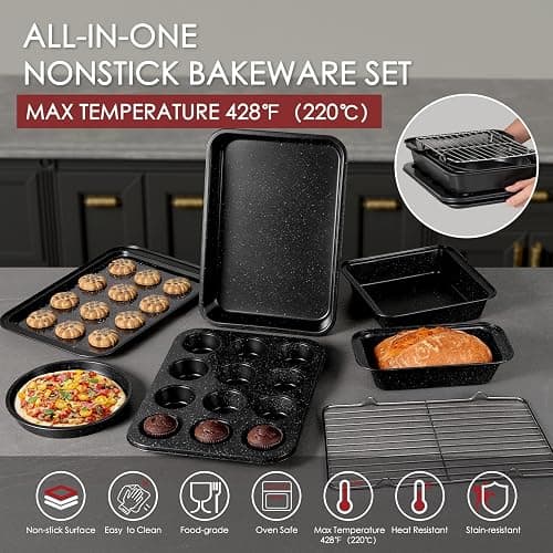 Kikcoin Pots and Pans Set Non Stick 31 Piece Kitchen Nonstick Cooking Cookware Sets with Grill Pan Saucepan Baking Sheet Utensil - Black - 31 Pieces thumbnail 7