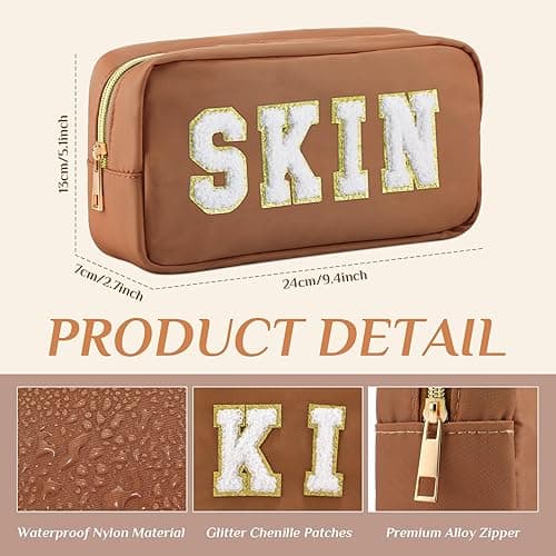 Cunno 4 Pcs Preppy Makeup Bags Chenille Letter Stuff Bag Nylon Cosmetic Pouch Cases with Zipper for Women Travel Toiletry - Brown Set thumbnail 2