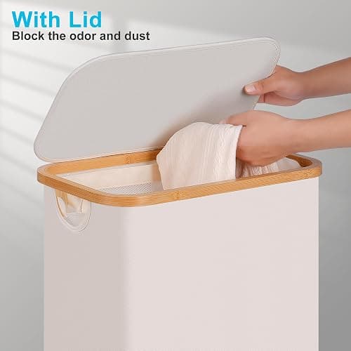 efluky Slim Laundry Hamper with Wheels, Narrow Laundry Basket with Lid and Removable Bag, Aesthetic Dirty Clothes Hamper on Wheels for Laundry Room, Bedroom, Dorm and Bathroom, 75L Beige thumbnail 7