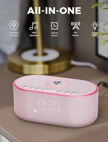 Odokee Wireless Charging Alarm Clock Radio: Qi Certified Fast Wireless Charger for iPhone Samsung - 10W Stereo Bluetooth Speaker - Dimmable Digital Clock with FM Radio for Bedroom Pink thumbnail 2