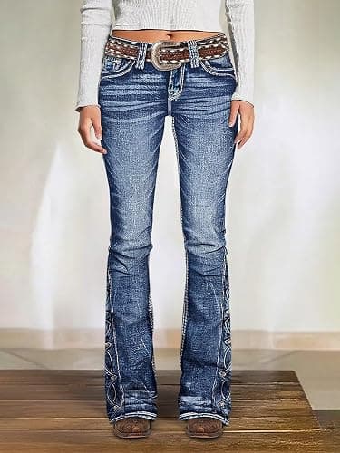 Flamingals Women's Buttoned Hem Bootcut Jeans Without Belt Mid Waist Casual Pants Navy Blue thumbnail 3
