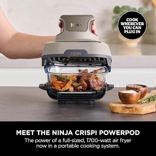 Ninja CRISPi Portable Air Fryer, 3.8L, 4-in-1: Air Fry, Roast, Keep Warm, Recrisp, Space Saving Compact Design, 6 Portions, 2x Removable Glass Containers & Lids, 1700W, Stone Gold FN101UKSTGD thumbnail 2