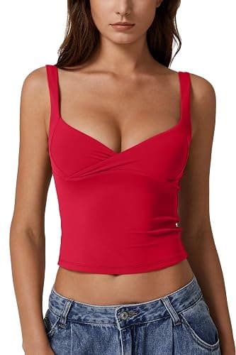 QINSEN Women's V Neck Tank Tops Double Lined Adjustable Strap Camisole Shirt - Image 1