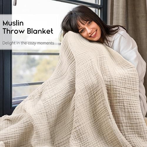 Yoofoss Muslin Blanket 100% Organic Cotton Throw Large 50" x 60" for Bed Couch Summer Gauze Blanket for Adults Lightweight and Breathable Apricot White thumbnail 3