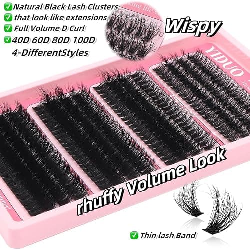 YIDUO Clusters Lashes Kit False Eyelashes Extensions 40D+60D+80D+100D Volume D Curl Wispy Individuals Fake Eyelash, 308Pcs All-in-1 Pack with Glue |Tweezers |Removers |Eyelash & Eyebrow Brush thumbnail 3