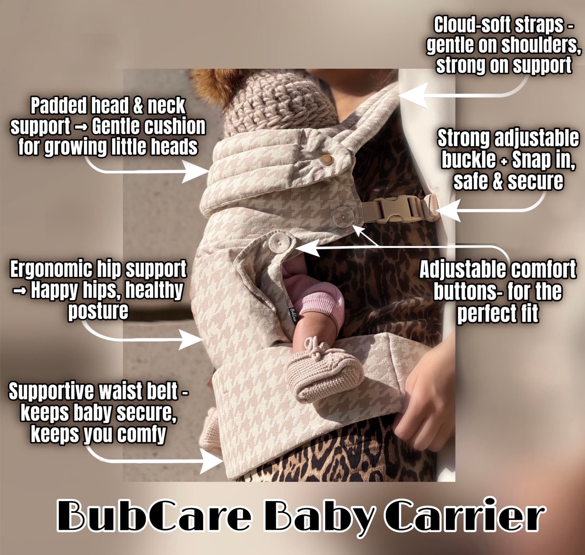 Baby Carrier | Beige | BubCare Ergonomic & Lightweight | Baby Carrier for Newborns to Toddlers | with Enhanced Lumbar Support and Effortless to Put On. thumbnail 6