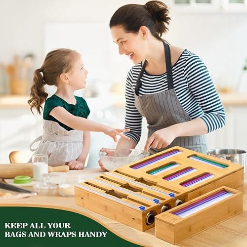 Calmbee 9 IN 1 Storage Bag Organizer for Kitchen Drawer, Bamboo Foil and Plastic Wrap with Cutter, Organizers Compatible Gallon, Quart, Sandwich Snack Size thumbnail 2