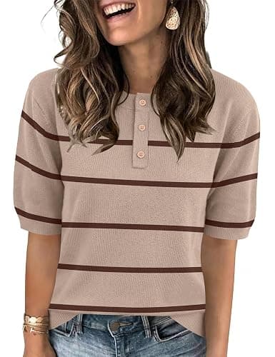 AKEWEI Sweaters for Women Crew Neck Short Sleeve Tops Knit Button Down Shirts Pullover Sweater - Image 1