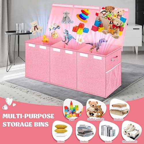 Extra Large Toy Box with Lids, Collapsible Storage Bin, 38"x16"x14", Pink thumbnail 3