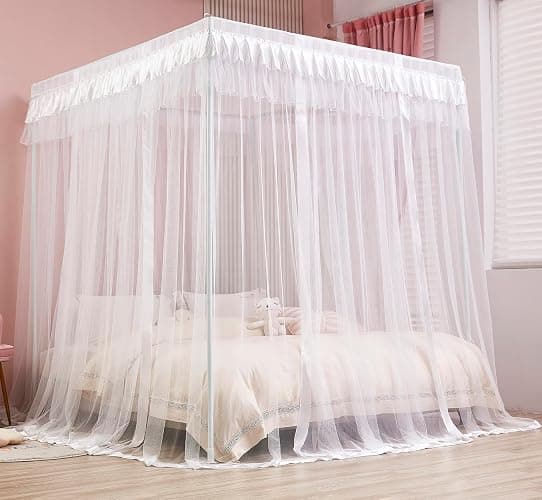 Mengersi Princess 4 Corners Post Bed Curtain Canopy Mosquito Netting (White, Twin) thumbnail 6