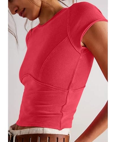Aimiray Women's Y2k Basic Tees Short Sleeve Fitted Baby Tees Slimming White Cute Crop Tops Summer Tight Shirts thumbnail 3