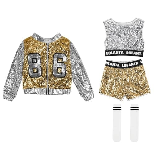 LOLANTA 4-Piece Girls Hip Hop Sequins Costume, Sparkly Graphic Jacket, Shiny Crop Tank Top, Metallic Shorts,4-15 Years thumbnail 6