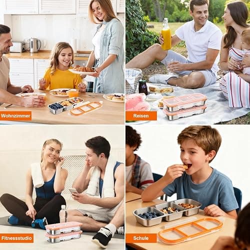 Snackbox,2 Stück Edelstahl Snack-Behälter mit Fächern und Transparent Kunststoff-Deckel, Stapelbar Edelstahl Lebensmittel Lagerung Brotzeit Behälter,Tragbare Snack-Platten für Schule Arbeit Camping thumbnail 7
