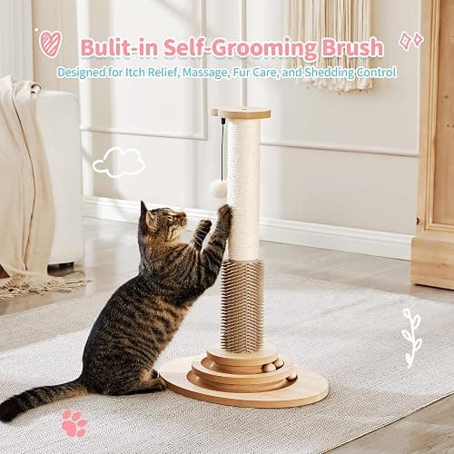 Made4Pets Cat Scratching Post, 23" Tall Sisal Cat Scratcher Post with Self Groomer, 4-in-1 Interactive Trackball Toys with Hair Brush, Vertical Cat Climbing Tree with Dangling Plush Balls thumbnail 4