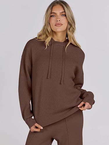 ANRABESS Women 2 Piece Outfits Sweater Sets Loose Long Sleeve Hoodies Knit Pullover Wide Leg Pants 2025 Fall Lounge Sweatsuit thumbnail 5