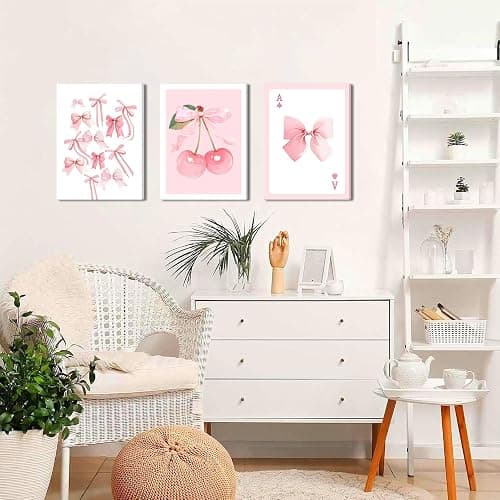 Trendy Pink Bows Canvas Wall Art Set of 3, Vintage Preppy Cherry Posters Prints, Pink Girly Room Aesthetic Wall Decor Painting for College Apartment Living Room Bedroom 12x16 In Framed thumbnail 3