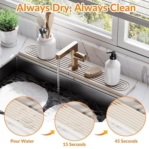 23.6 Inch Stone Faucet Mat for Kitchen Sink Splash Guard, Diatomite Sink Protectors for Kitchen Sinks Behind Faucet, Quick Dry Water Absorbing Stone Tray , Drip Catcher (White, 23.6" x 3.9") thumbnail 3