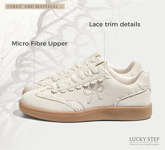 LUCKY STEP Women's Lace Detail Sneakers Organza Ribbon | Casual Cute Shoes Lace-Up Gum Sole Vintage Trendy Fashion Tennis Shoes thumbnail 4