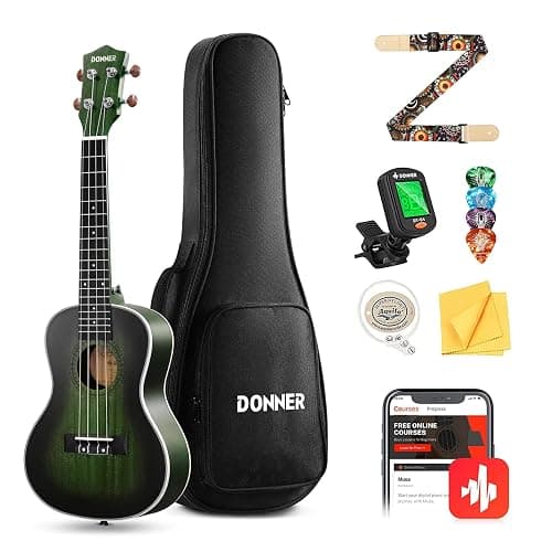 Donner Concert Ukulele Professional 23 Inch Mahogany Ukelele for Adult Beginner Ukele Bundle with Online Lesson Gig Bag Aquila String Pick Tuner Strap Cloth DUC-200G Green - Image 1