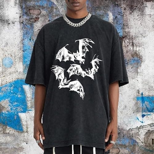 Pairxily Oversized Mens Graphic Tees Bat Print Vintage Shirt Streetwear Acid Wash Cotton Tshirt Baggy Y2k Short Sleeve Tops thumbnail 2