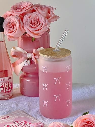 Loihayazea Cute Coquette Pink Aesthetic Bow Glass Cups with Lids and Straws, Preppy Girly Trendy Stuff Gifts for Women Teen Girls, 16oz Iced Coffee Cup, Glass Tumbler, Matcha Cup (Pink Bow) thumbnail 5