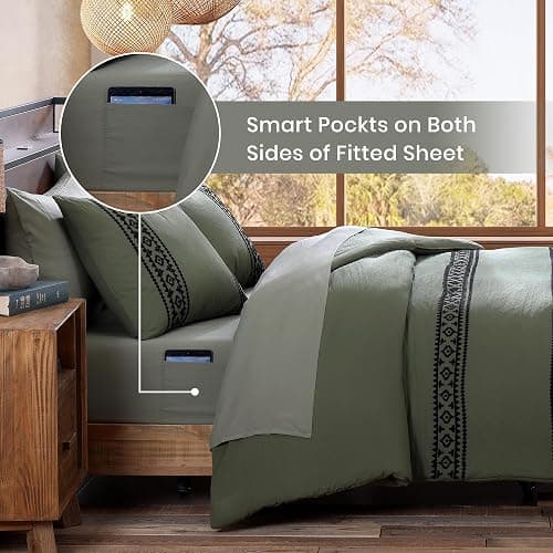 MaiRêve Olive Green Embroidery Comforters Set Queen Size - 7 Pieces, Farmhouse Western Bedding All Season Bed in A Bag Queen, Boho Comforter Set with Sheets, Pillowcases & Shams thumbnail 7