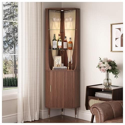70" Tall Corner Cabinet, Mid Century Modern Cabinet with Doors, Fluted Corner Bar Cabinet with Glass Holder, Lights and Storage Shelves, Wine Bar Cabinet for Liquor, Living Room, Kitchen, Walnut thumbnail 6