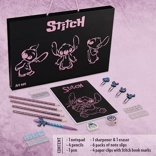 Disney Stitch Stationery Supplies Set Notebook Pencil Case & Ballpoint Pens or Notepad Colouring Pencils & Accessories for School Office (Black) - Black thumbnail 5