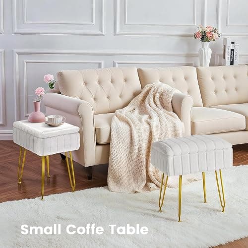 FUXA Vanity Stool Chair with Storage, White Faux Fur Makeup Chair with 4 Metal Legs and Anti-Slip Feet, Soft Padded Seat, Small Footrest Footstool Ottoman, Multifunctional Stool for Bedroom thumbnail 5