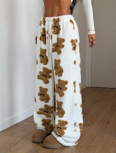 ZAFUL Women's Fuzzy Plush Pajama Pants Drawstring Elastic Waist Wide Leg Teddy Pj Bottoms Lounge Pants thumbnail 3