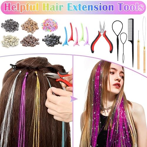 6000 Strands Hair Tinsel Kit in 20 Colors, Glitter Tinsel Hair Extensions Kit Heat-resistant, Fairy Hair Tinsel Tool for Shiny Hair Extension, Women Girls Hair Accessories at Party thumbnail 3