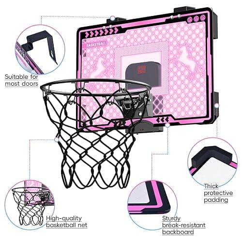 Indoor Basketball Hoop with Electronic Scoreboard and LED Light, Pink Over The Door Basketball Toy, for Kids Aged 4, 5, 6, 7, 8+Years Old thumbnail 4