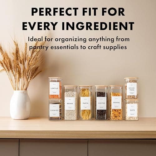 Square Glass Storage Containers with Bamboo Lids 12-Pack (4x 30 oz, 8x 17 oz) Airtight Storage Jars with Lids for Food, Stackable Kitchen Canisters with 114 Labels for Pantry [Thicker Glass 3mm] thumbnail 4