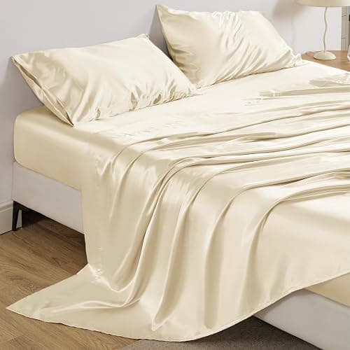 Bedsure Satin Sheets Queen Size - 4 Piece Silky Bedsheets with 15 Inches Deep Pocket Fitted Bedsheet,1 Flat Sheet, 2 Satin Pillowcases, Good for Hair & Skin (Queen, Cream) thumbnail 5