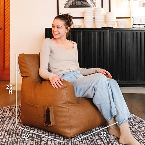 Big Joe Dorm Bean Bag Chair with Drink Holder and Pocket, Caramel Vegan Leather, Kids and Teens, 3 feet thumbnail 3
