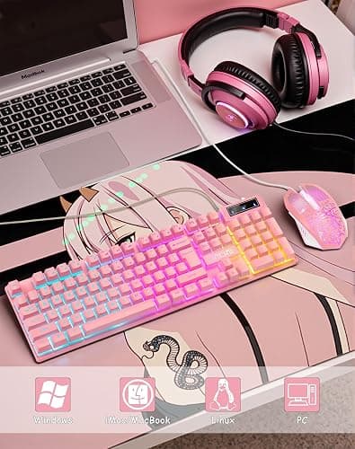 Wired Pink Gaming Keyboard and Mouse Combo with LED Backlit for PC Laptop | Multimedia Function Keys, 19 Key Anti-ghosting, Number Pad, 104 Keys Light Up Keyboard & RGB Mouse Set for Computer PS5 Xbox thumbnail 7
